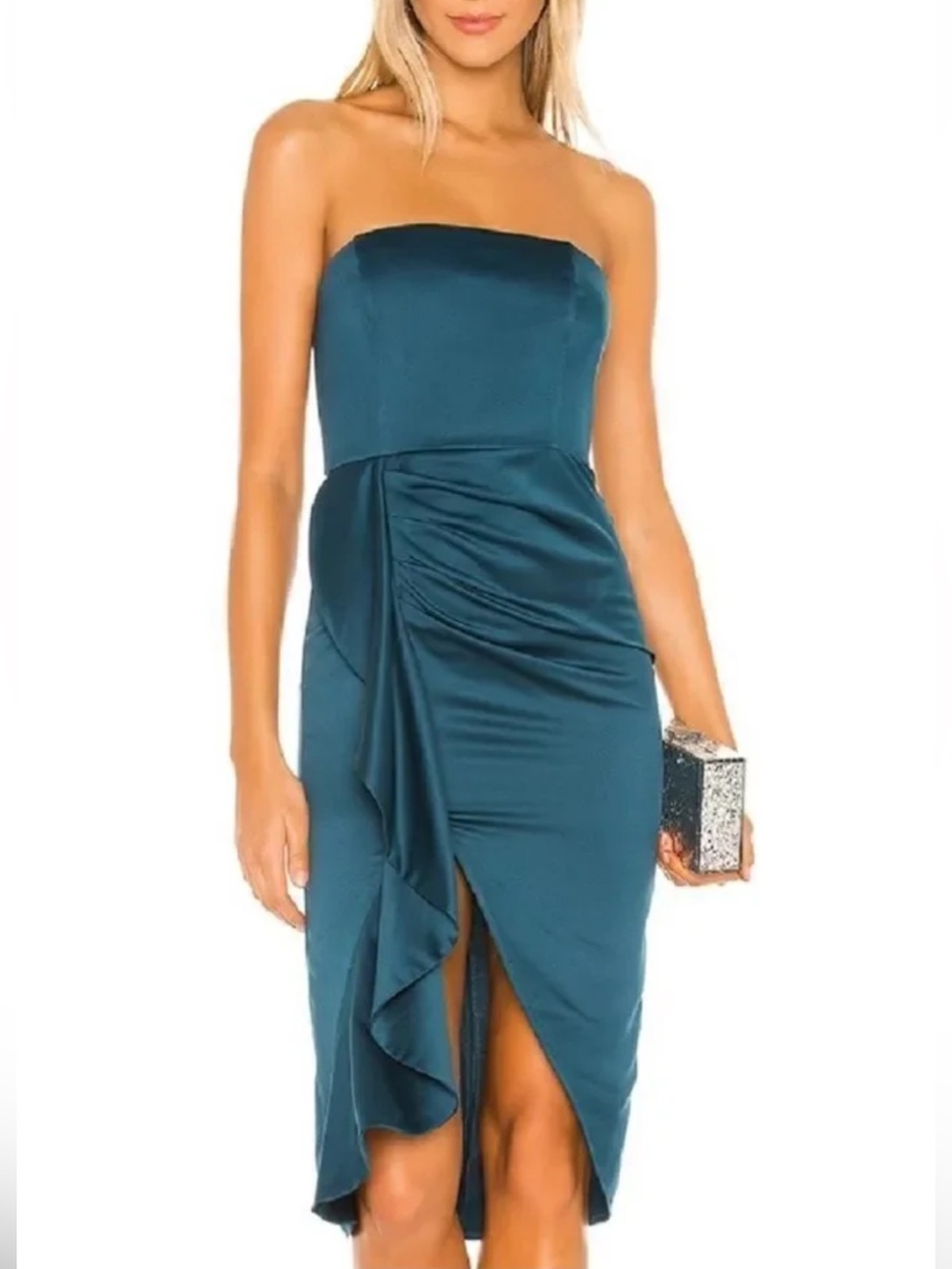 Lovers + Friends Strapless Teal Satin Ruched Midi Dress